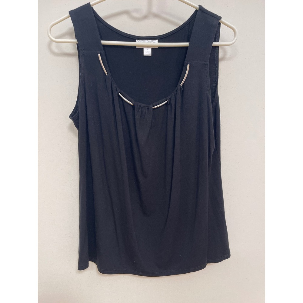 Dressbarn Black Sleeveless Knit Top Silver Hardware Accent Pleated Scoop Neck M
